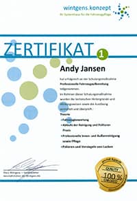 Zertifikat Andy Jansen - Spezialisten für Fahrzeugaufbereitung in Heinsberg-Dremmen, nahe Erkelenz, Geilenkirchen, Hückelhoven, Mönchengladbach